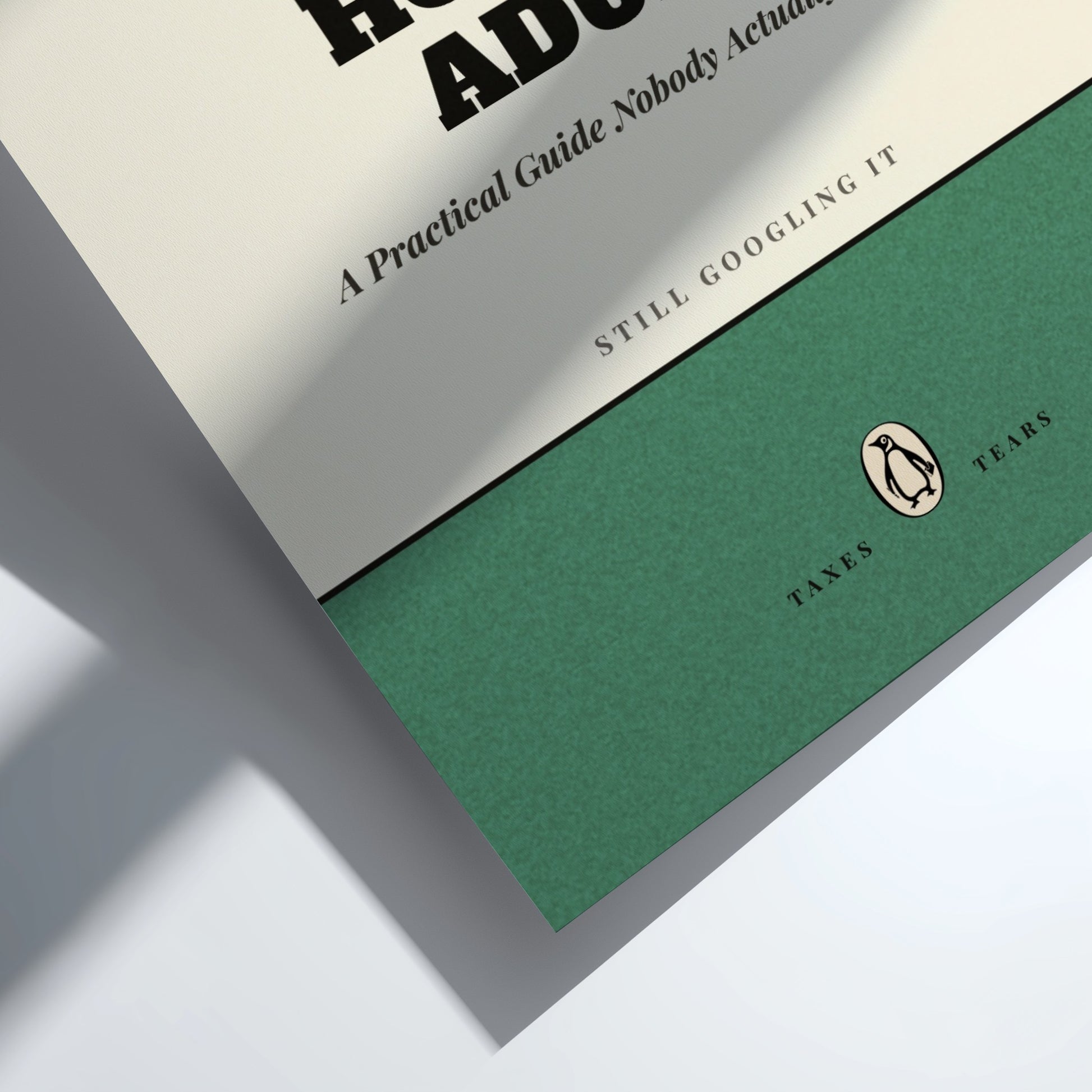 Funny quote poster featuring penguins book illustration with playful typography and warm colors