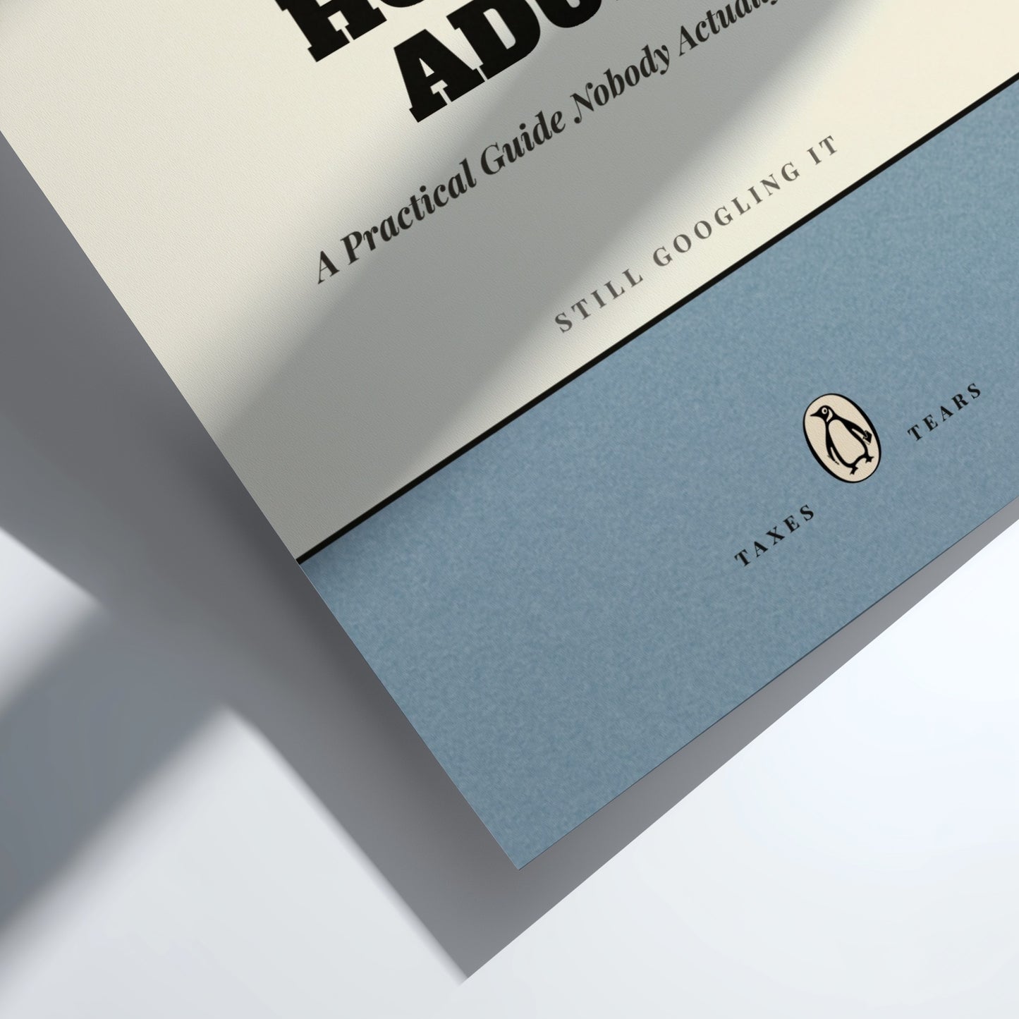 Funny quote poster featuring penguins book illustration with playful typography and warm colors
