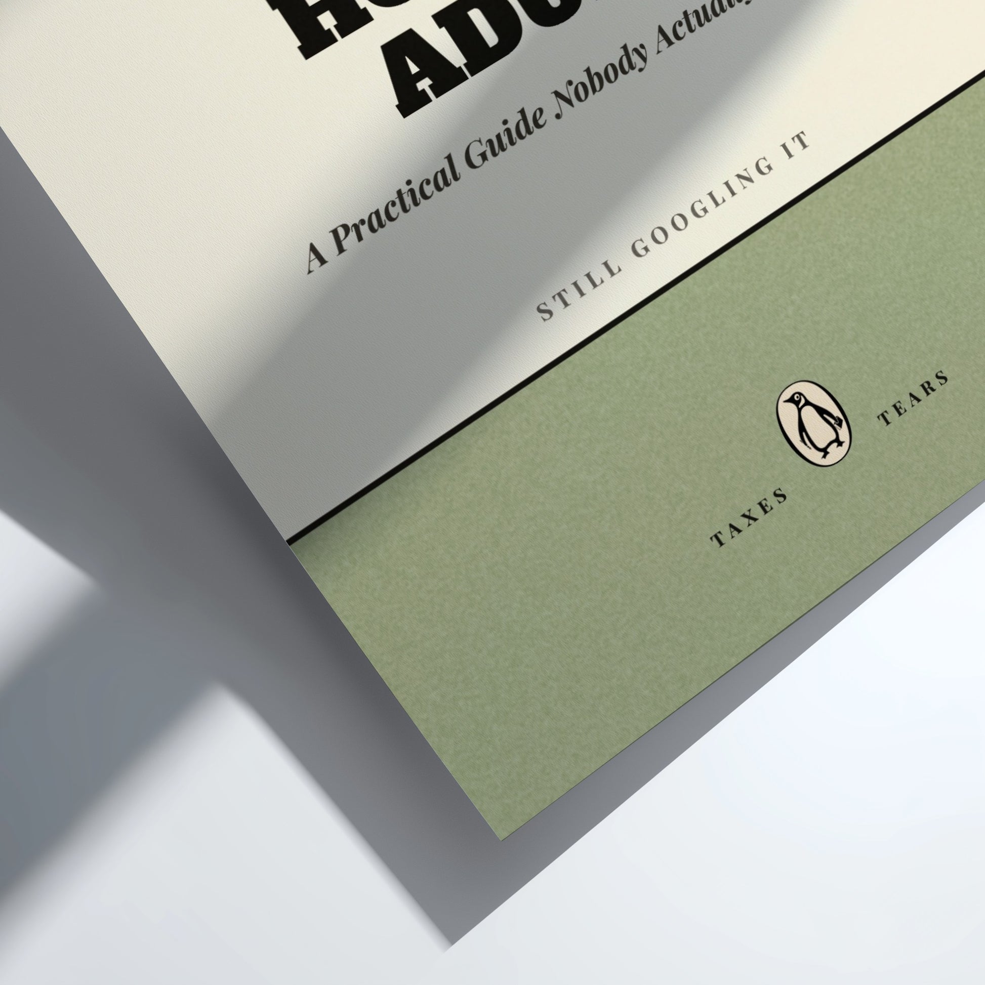 Funny quote poster featuring penguins book illustration with playful typography and warm colors