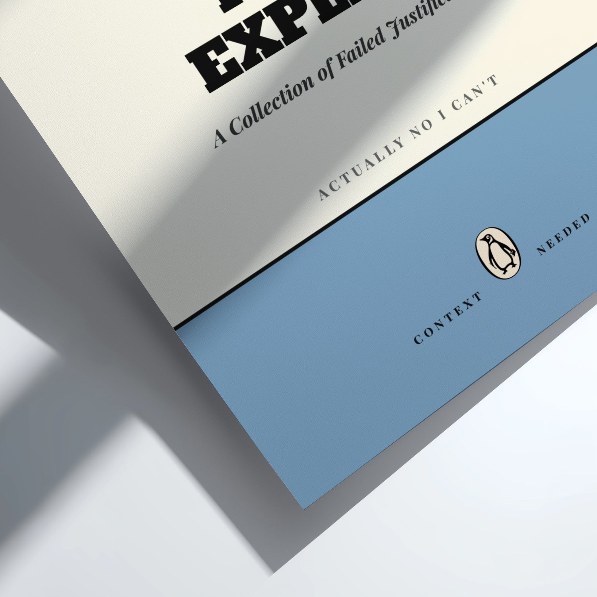 Funny quote poster featuring penguins book illustration with playful typography and warm colors