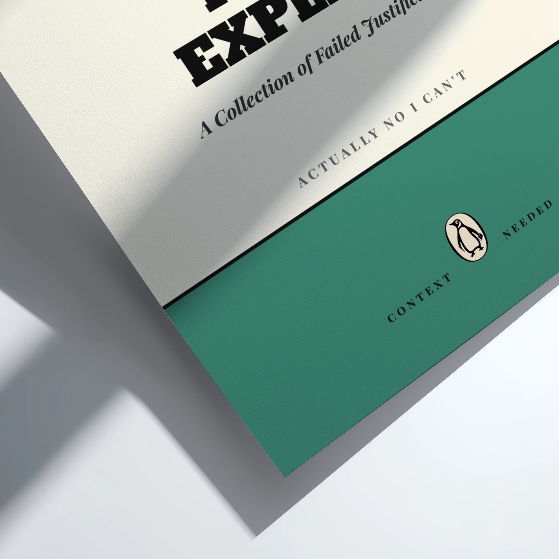 Funny quote poster featuring penguins book illustration with playful typography and warm colors