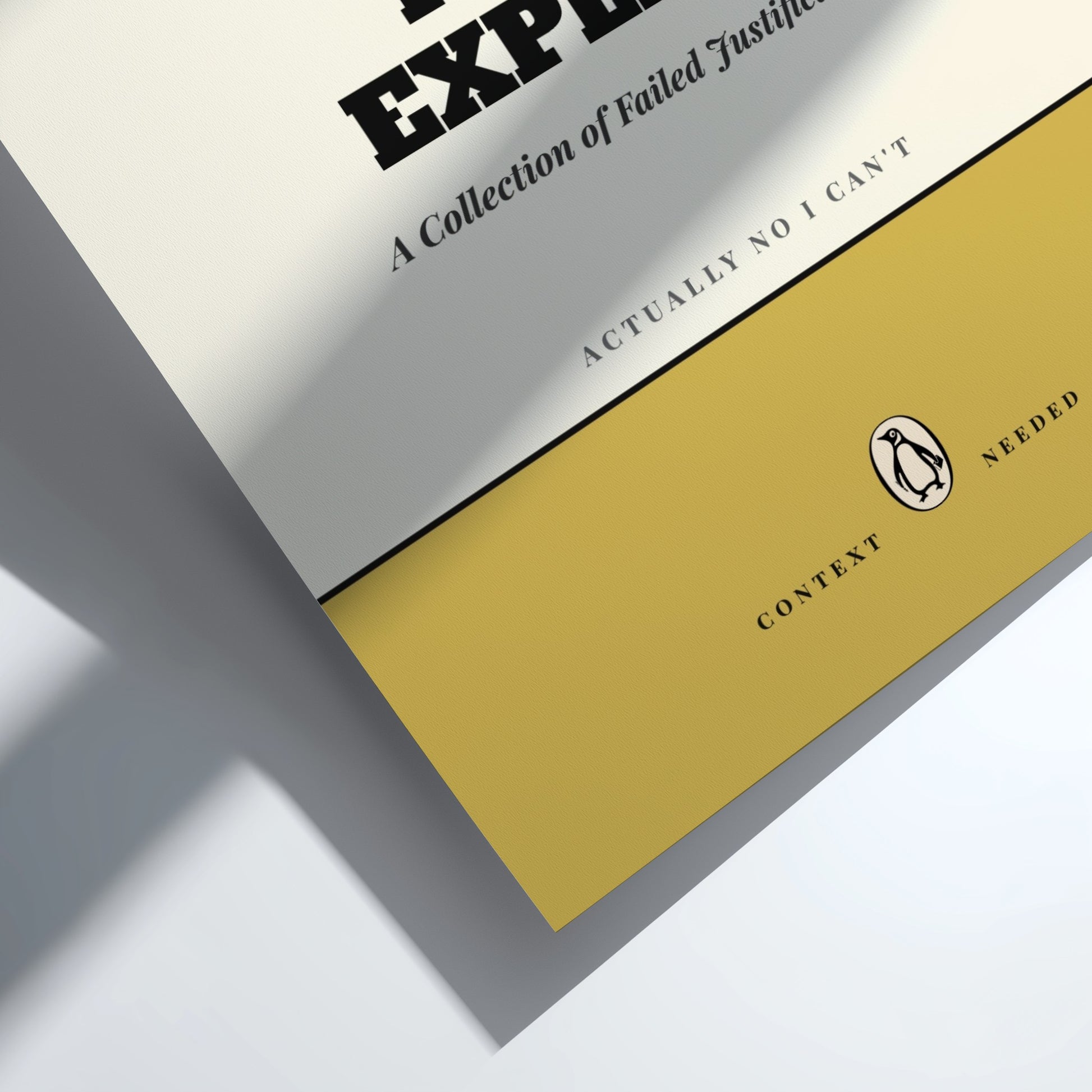 Funny quote poster featuring penguins book illustration with playful typography and warm colors