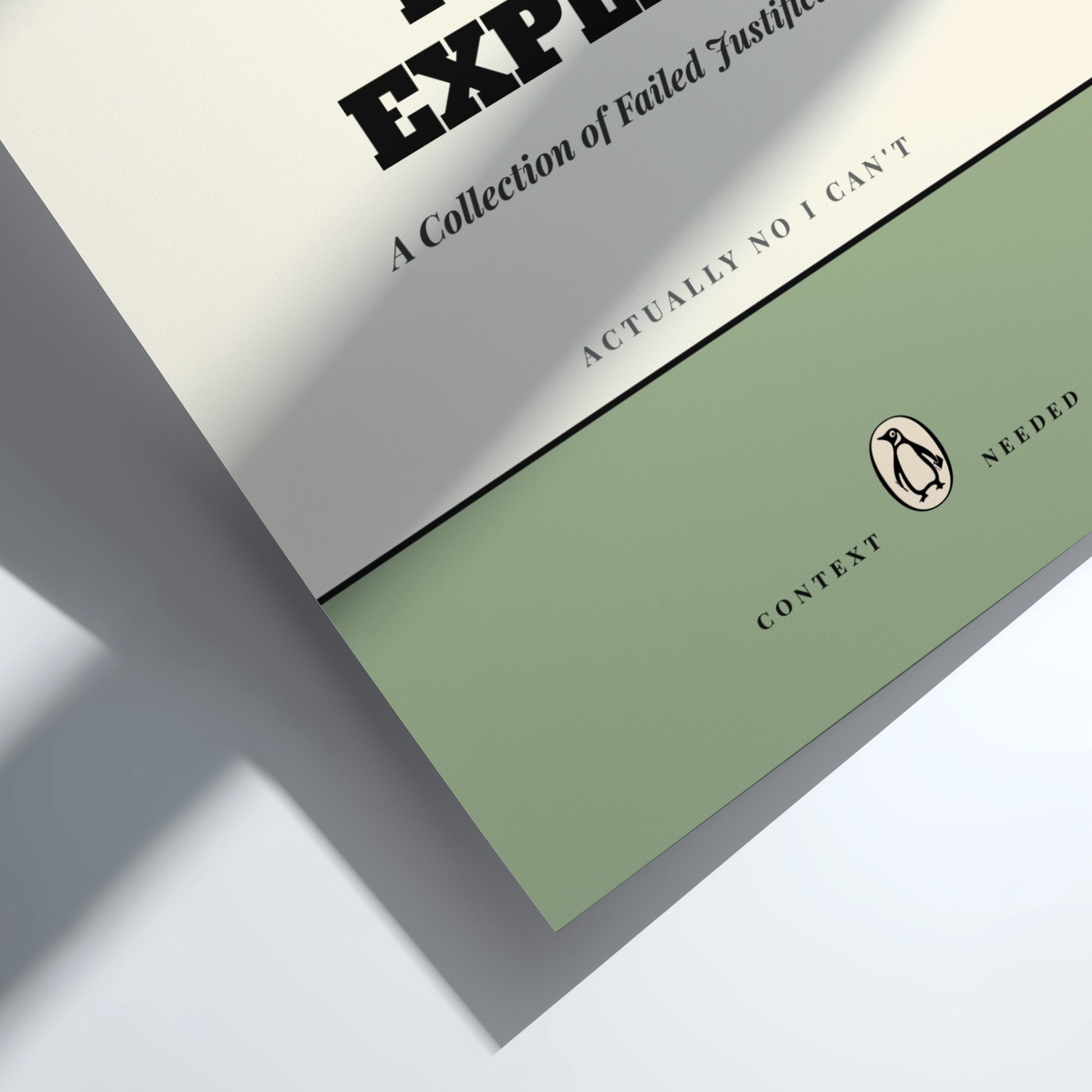 Funny quote poster featuring penguins book illustration with playful typography and warm colors