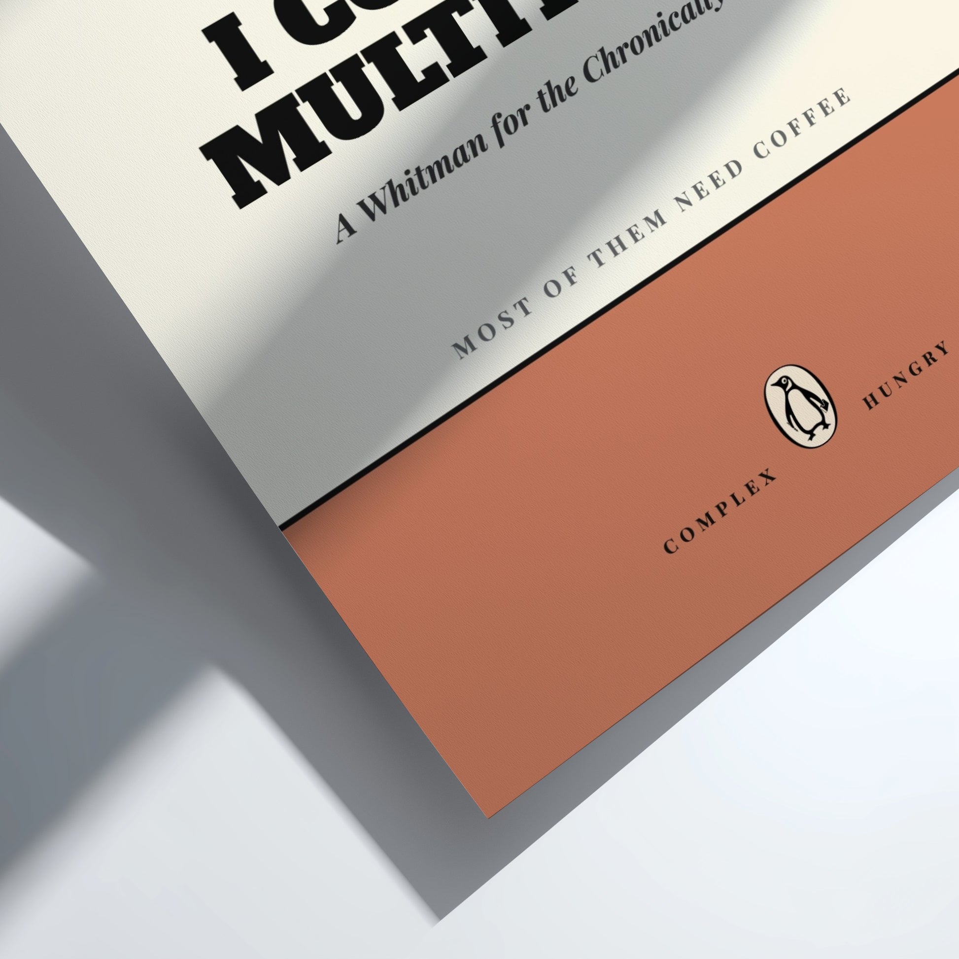 Funny quote poster featuring penguins book illustration with playful typography and warm colors