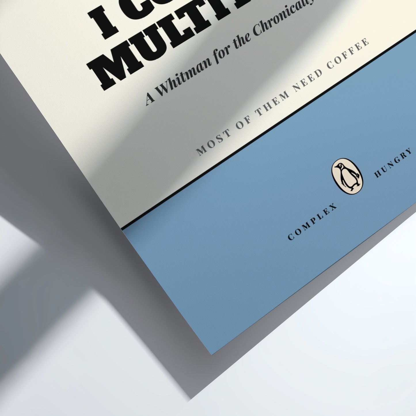 Funny quote poster featuring penguins book illustration with playful typography and warm colors
