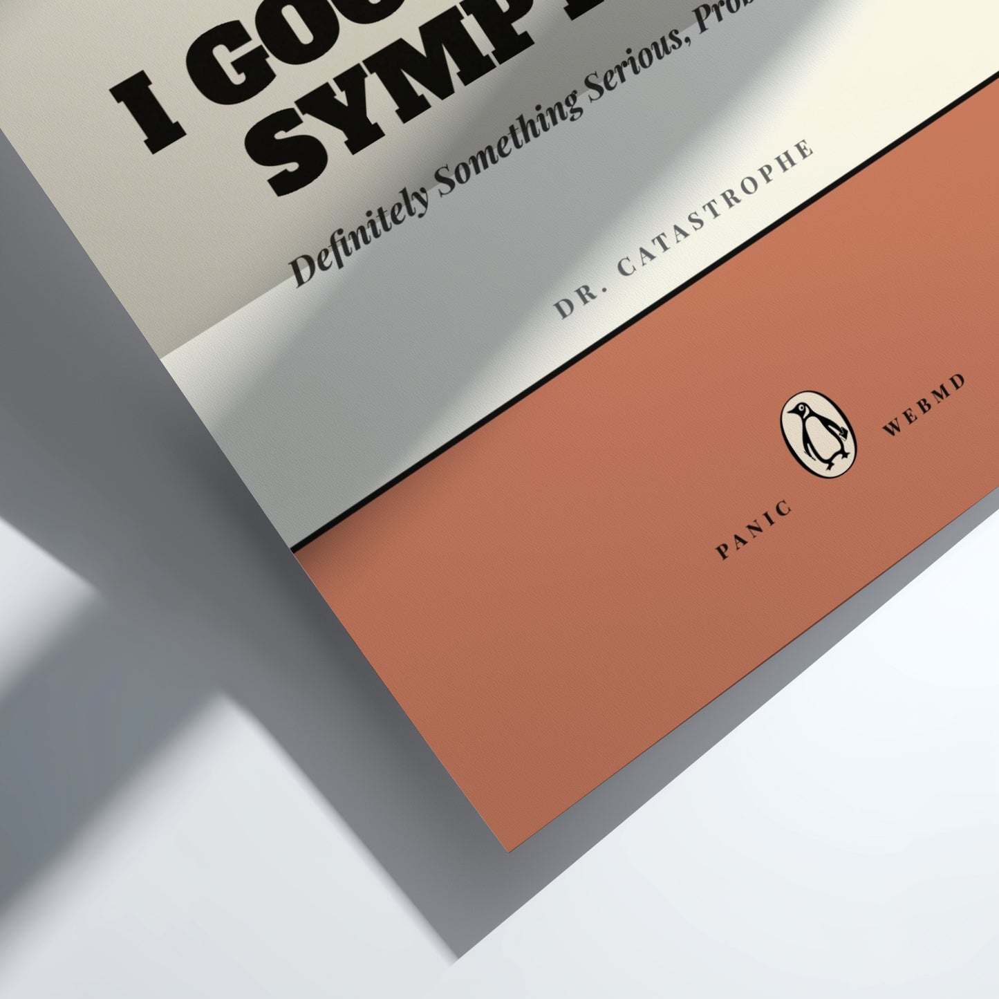 Funny quote poster featuring penguins book illustration with playful typography and warm colors