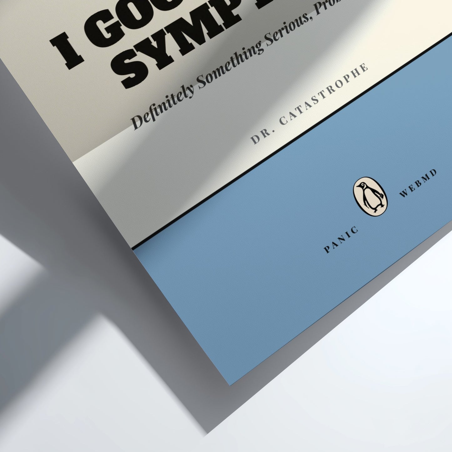 Funny quote poster featuring penguins book illustration with playful typography and warm colors