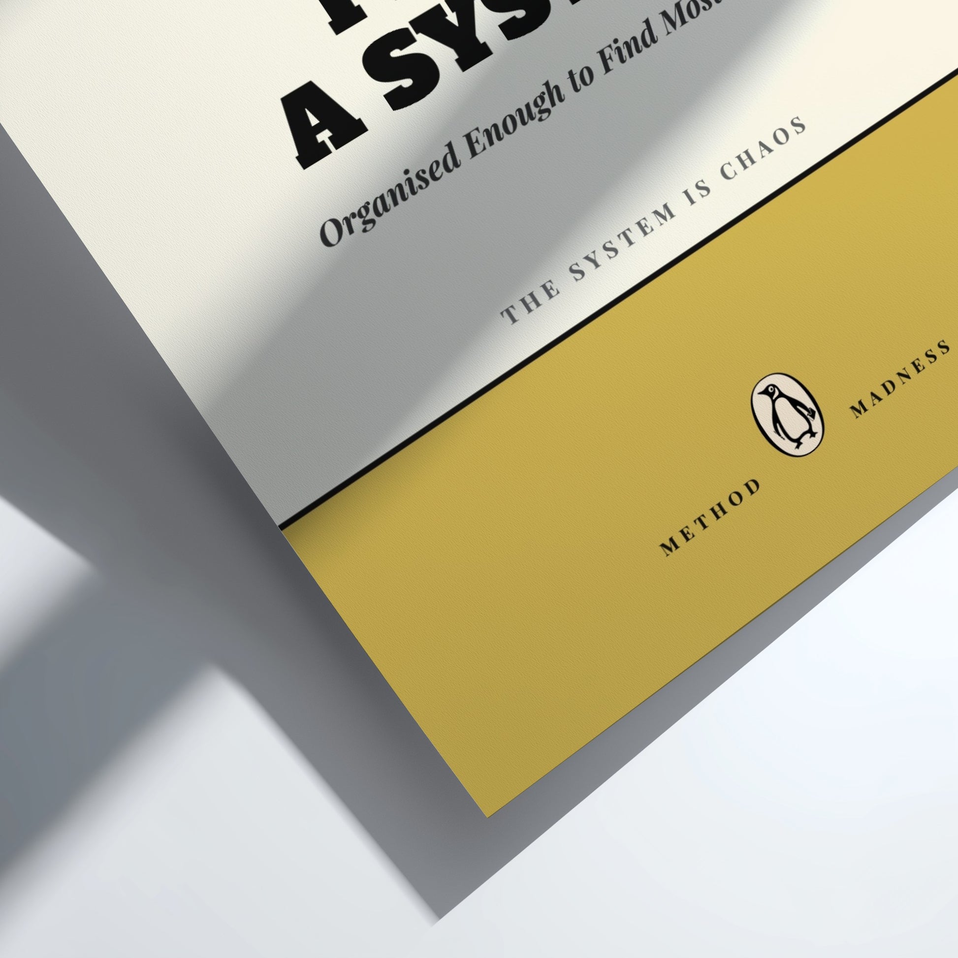Funny quote poster featuring penguins book illustration with playful typography and warm colors
