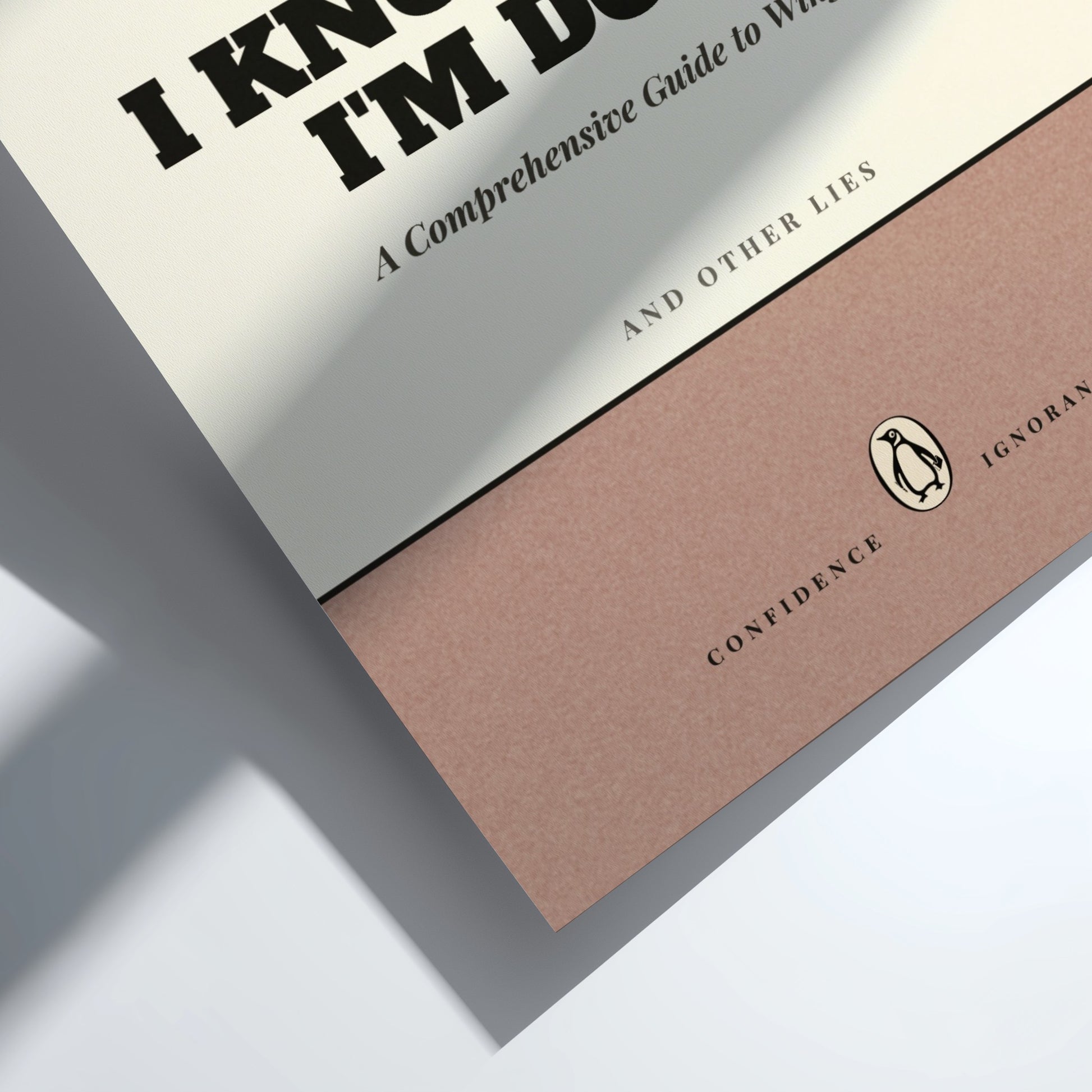 Funny quote poster featuring penguins book illustration with playful typography and warm colors