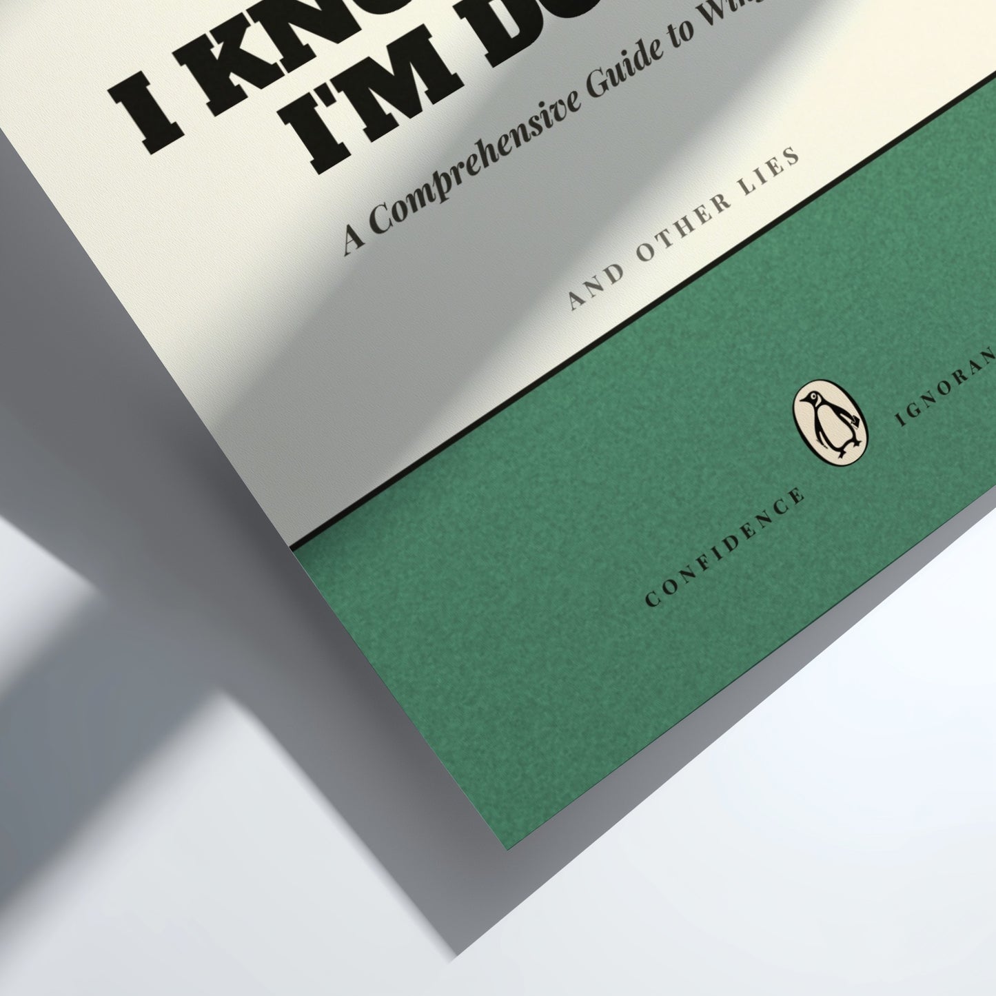 Funny quote poster featuring penguins book illustration with playful typography and warm colors