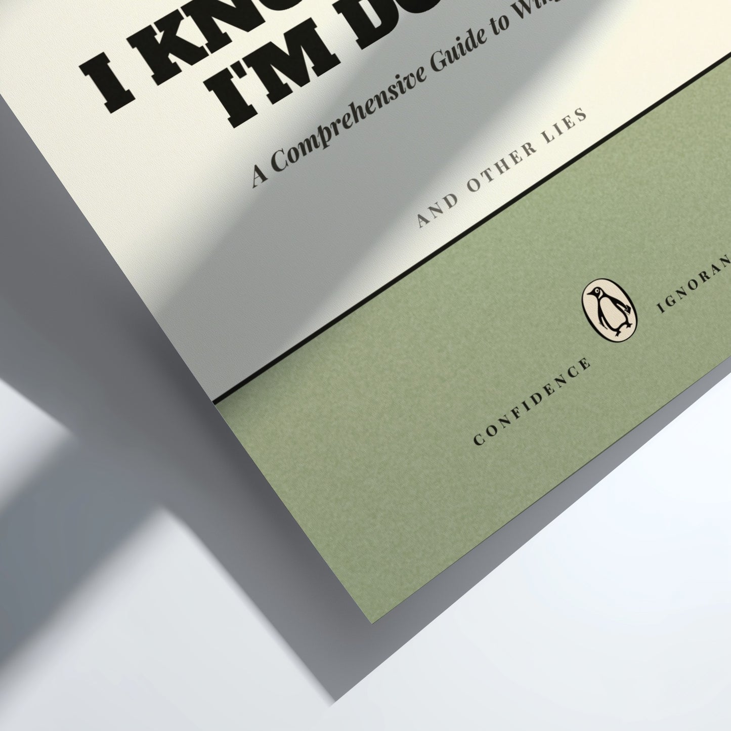 Funny quote poster featuring penguins book illustration with playful typography and warm colors