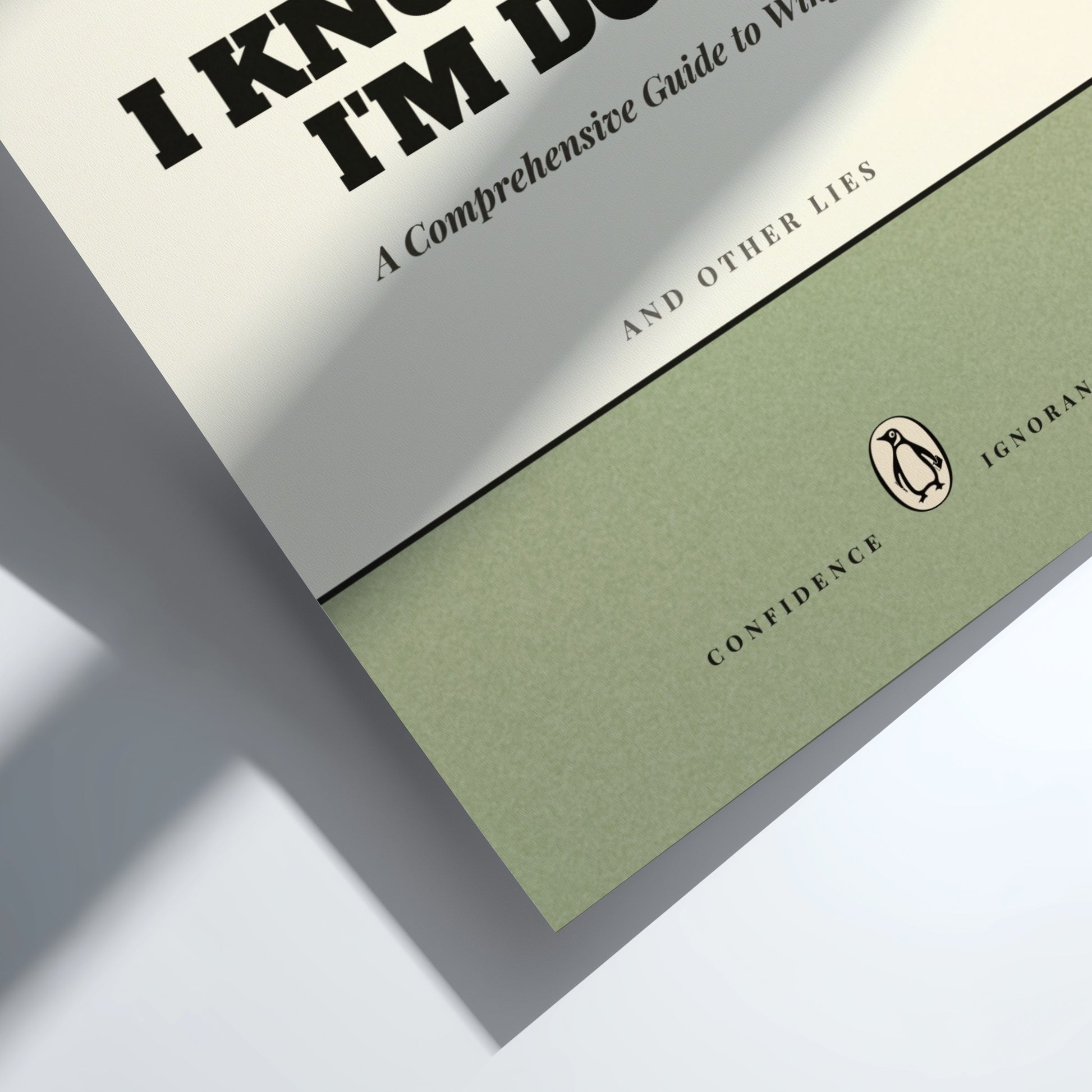 Funny quote poster featuring penguins book illustration with playful typography and warm colors