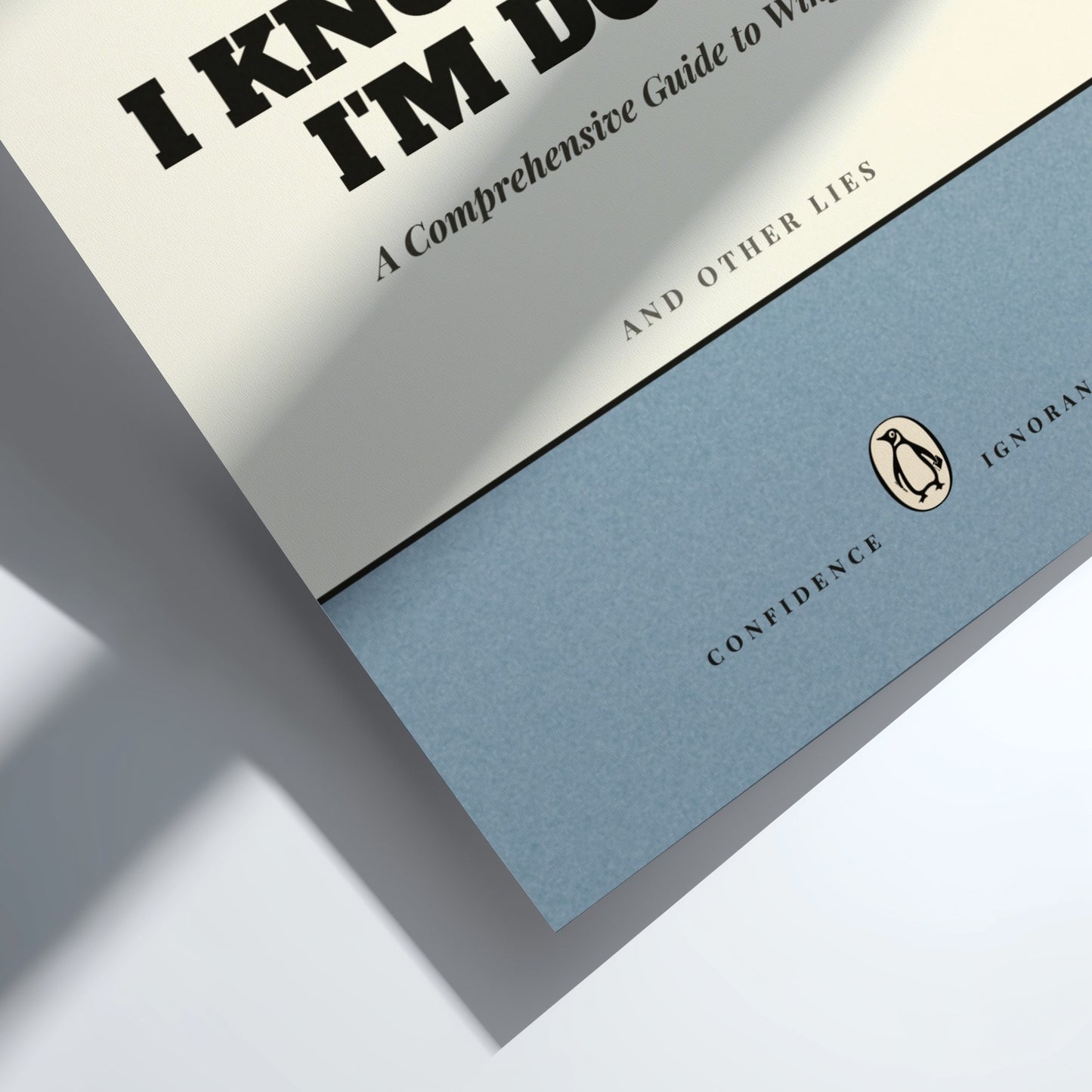 Funny quote poster featuring penguins book illustration with playful typography and warm colors