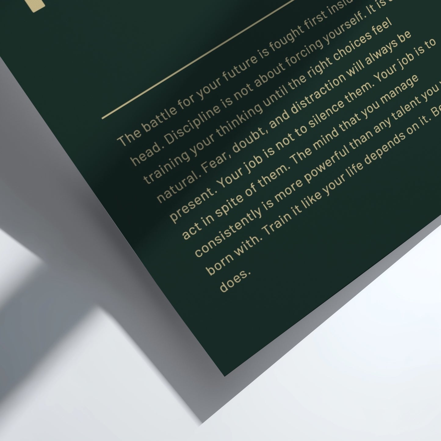 Text on a dark green background with a gold line