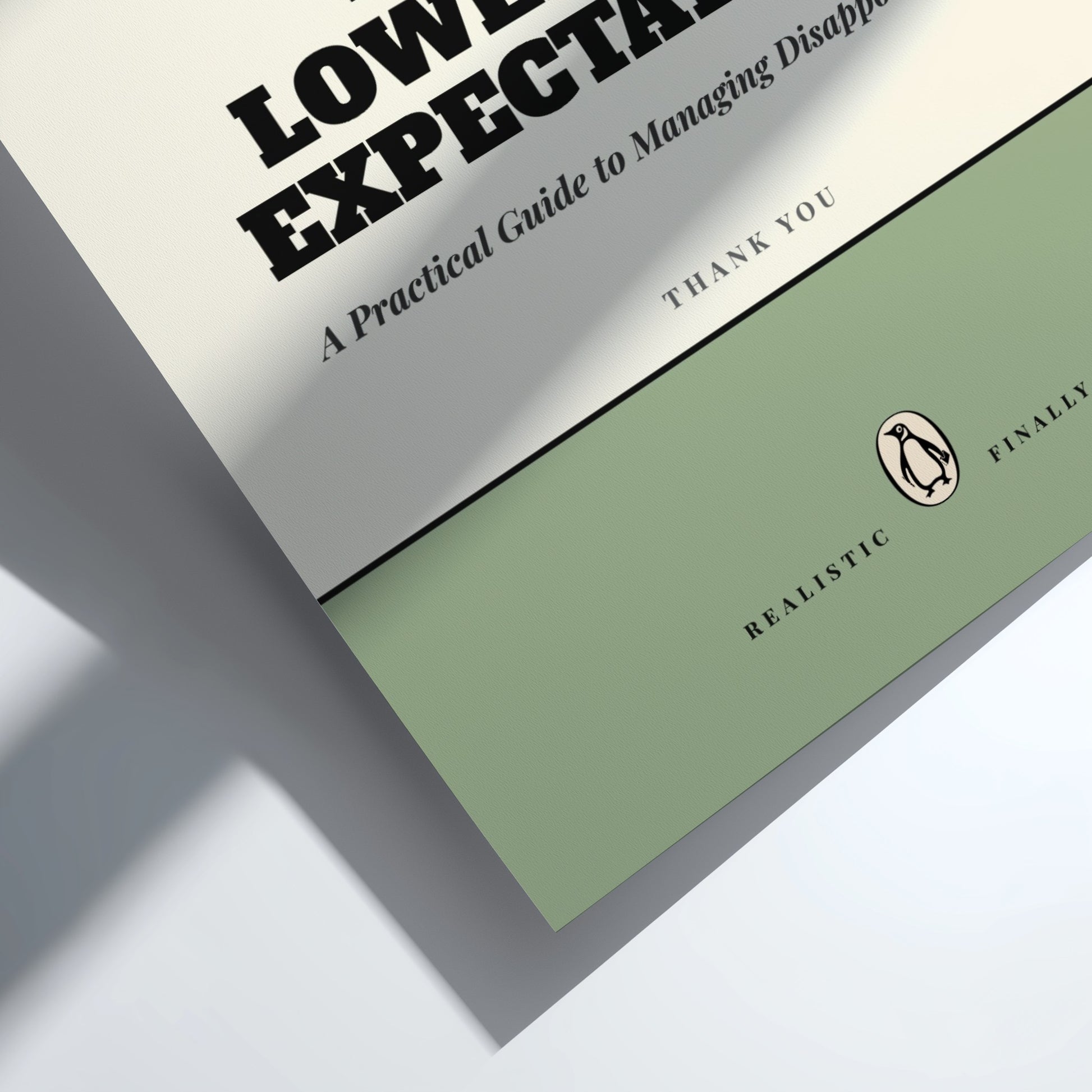 Book titled 'Low Expectations' with a green bookmark on a white background