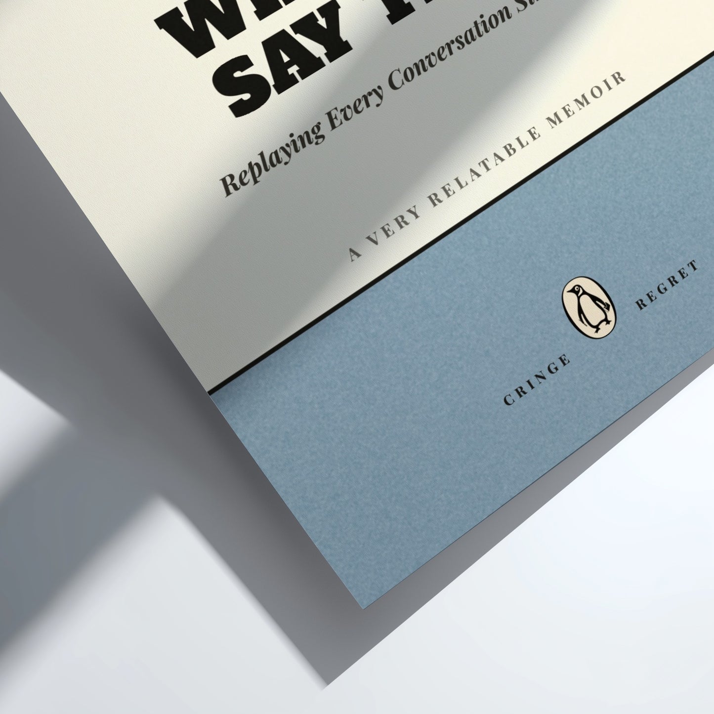 Funny quote poster featuring colorful penguin book illustration, humorous design for wall decor