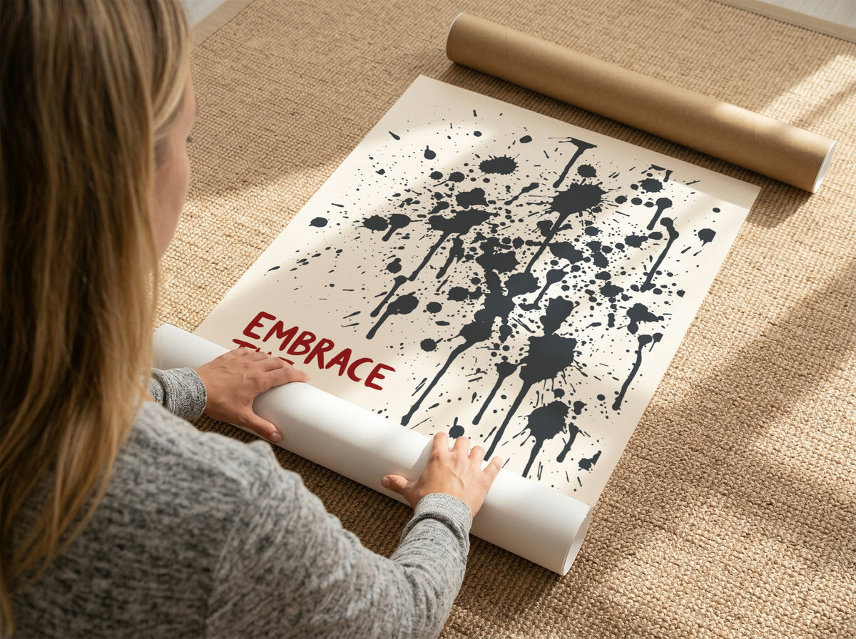 Motivational poster featuring Embrace The Mess text with abstract black ink splatter design