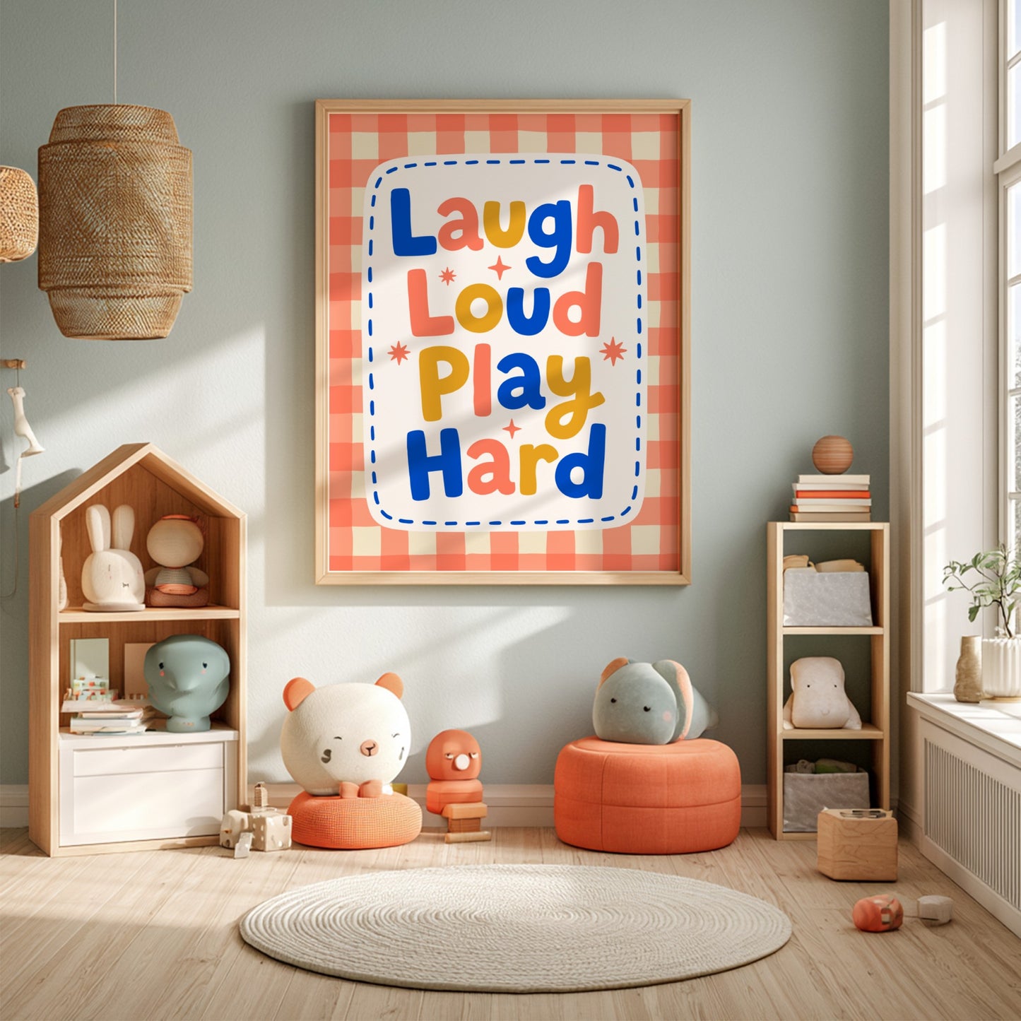 Kids room poster with colorful typography design featuring 'Laugh Loud Play Hard' for nursery decor.