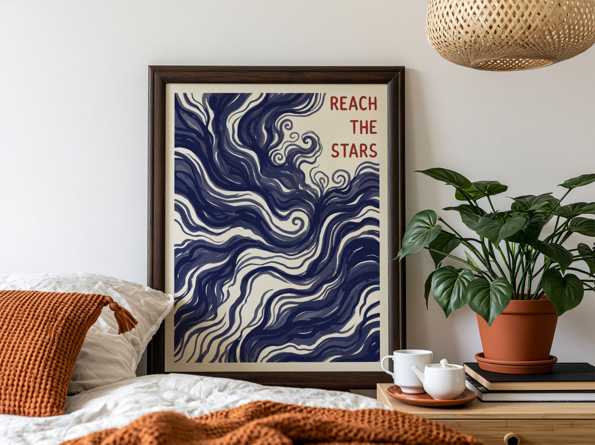Motivational poster showing deep navy swirling nebula patterns with Reach The Stars text