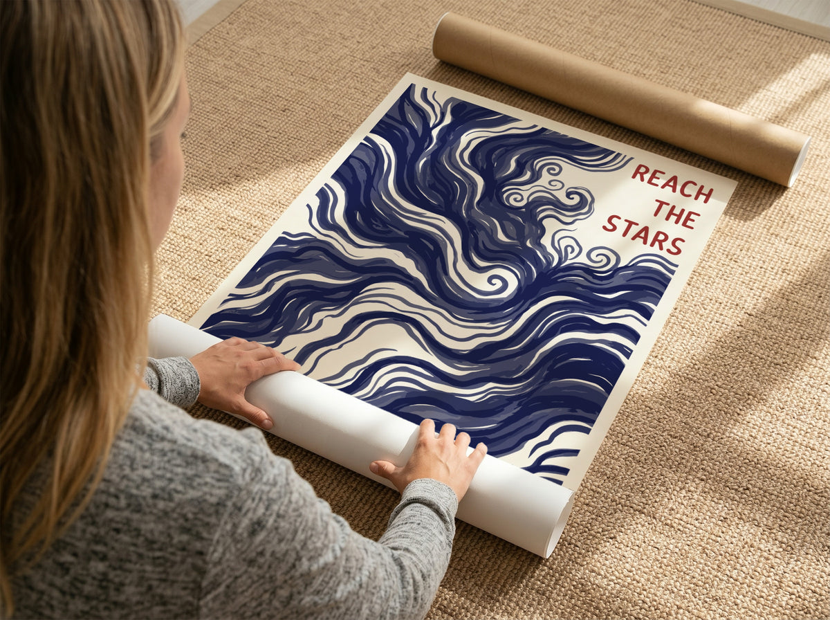Motivational poster showing deep navy swirling nebula patterns with Reach The Stars text