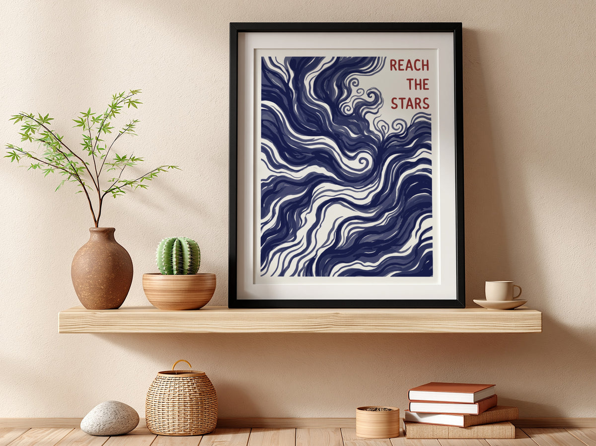 Motivational poster showing deep navy swirling nebula patterns with Reach The Stars text