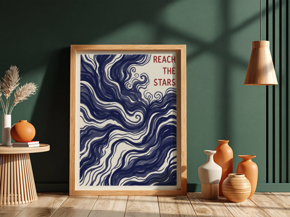 Motivational poster showing deep navy swirling nebula patterns with Reach The Stars text