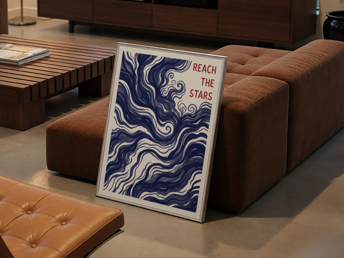 Motivational poster showing deep navy swirling nebula patterns with Reach The Stars text