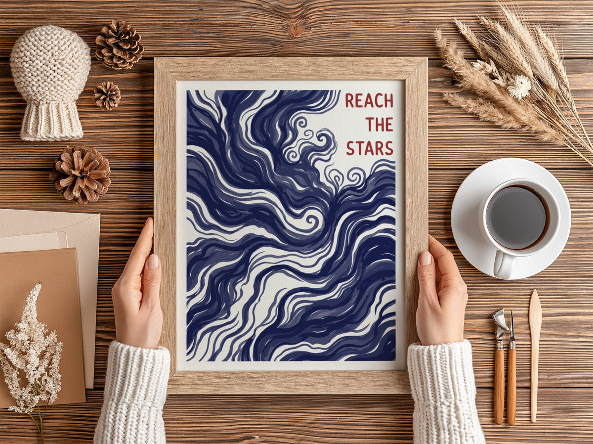 Motivational poster showing deep navy swirling nebula patterns with Reach The Stars text