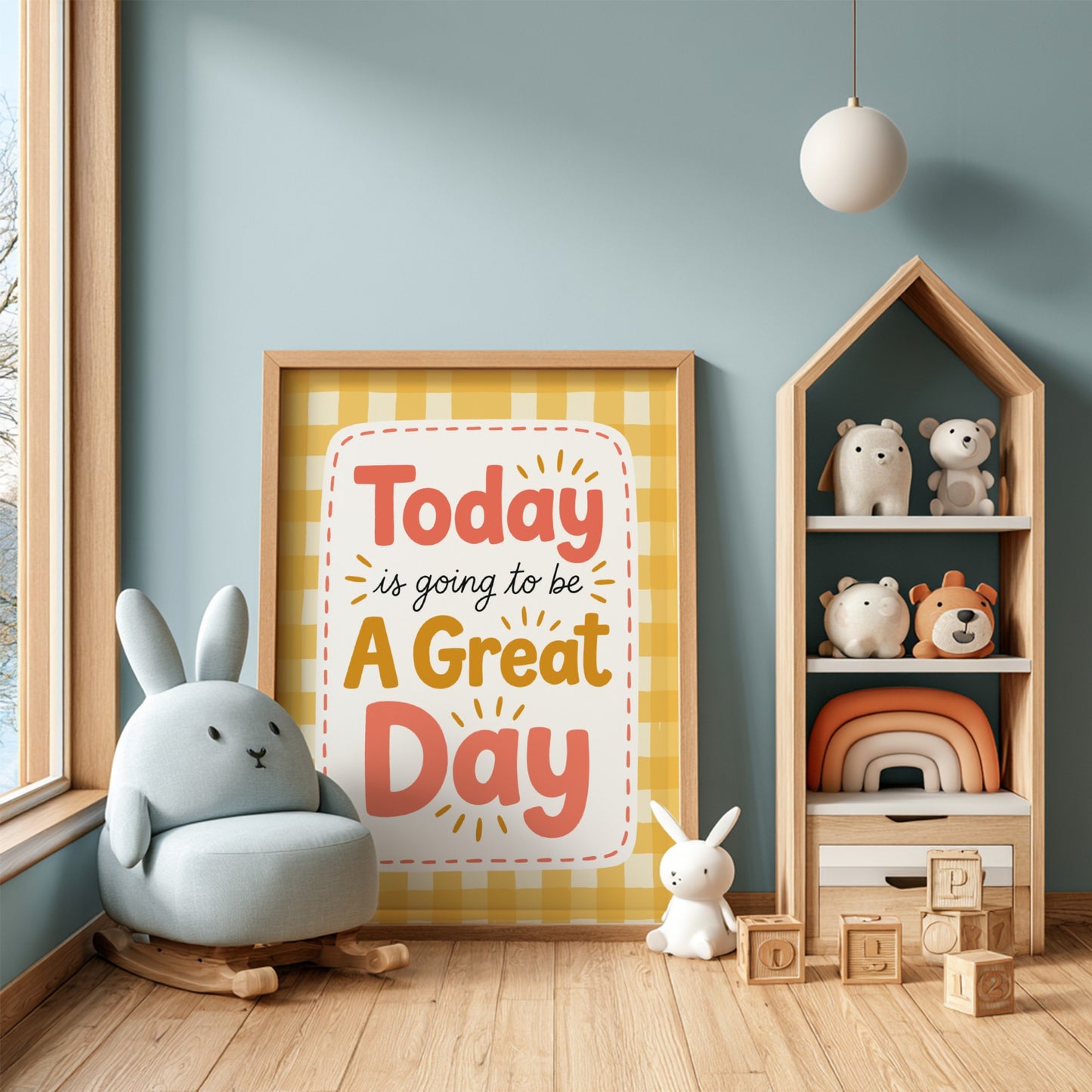 Kids room poster featuring cheerful typography and a gingham background in bright colors.