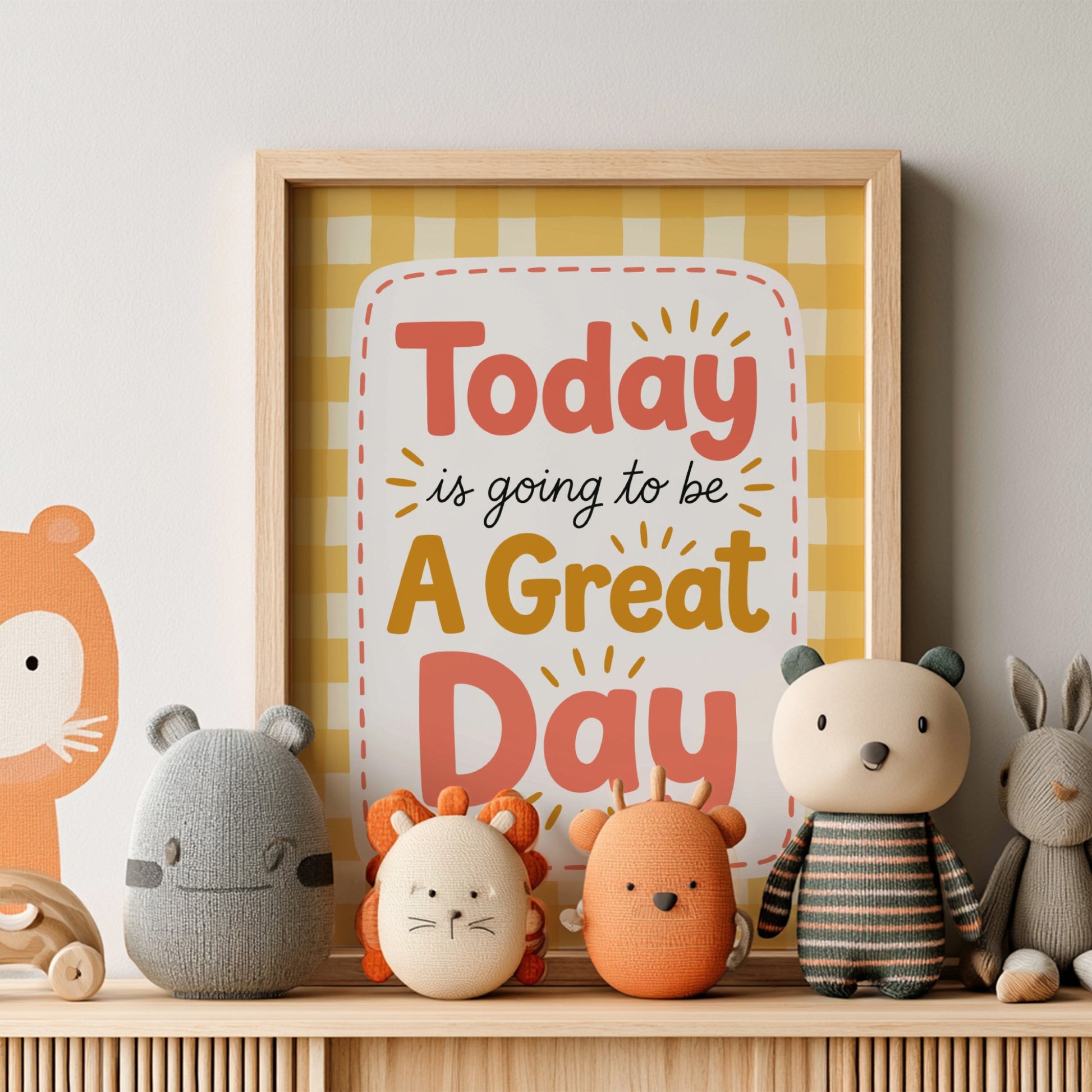Kids room poster featuring cheerful typography and a gingham background in bright colors.