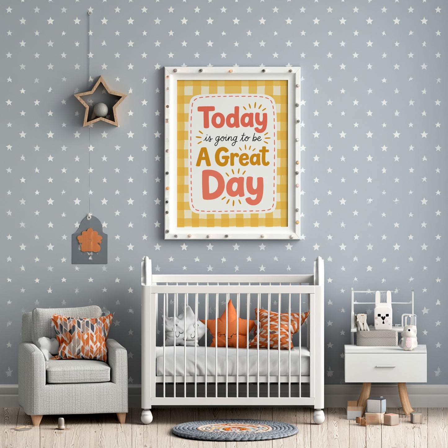 Kids room poster featuring cheerful typography and a gingham background in bright colors.