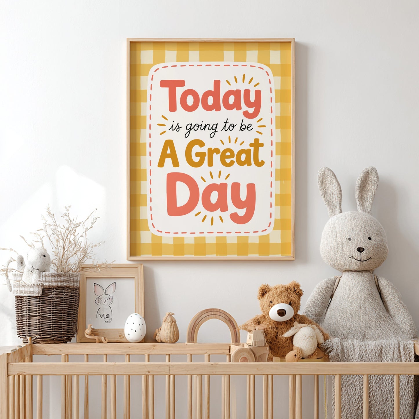 Kids room poster featuring cheerful typography and a gingham background in bright colors.