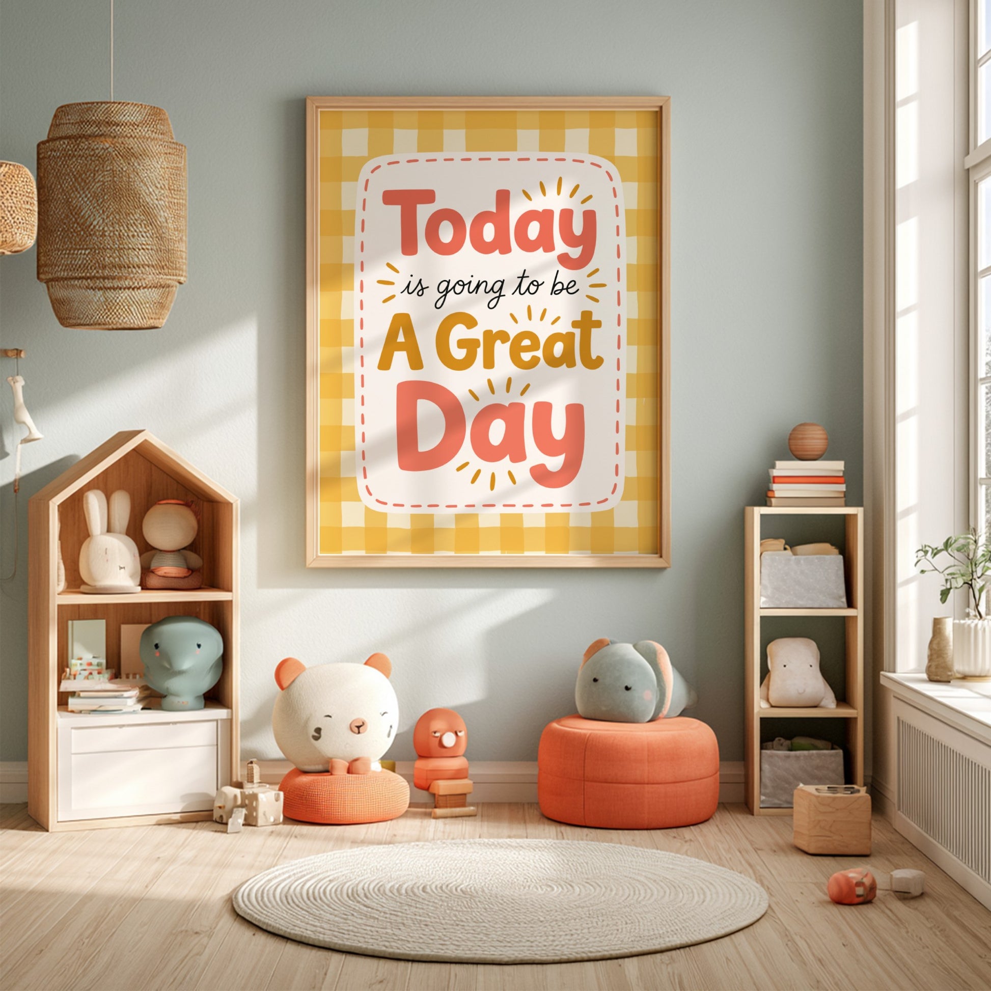 Kids room poster featuring cheerful typography and a gingham background in bright colors.