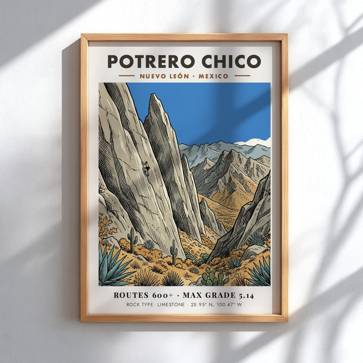 Poster of Potrero Chico in Mexico showing a rock climber on limestone cliffs.