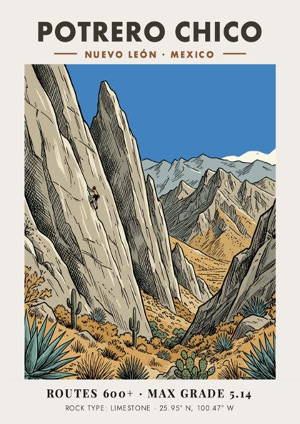 Poster of Potrero Chico in Mexico showing a rock climber on limestone cliffs.