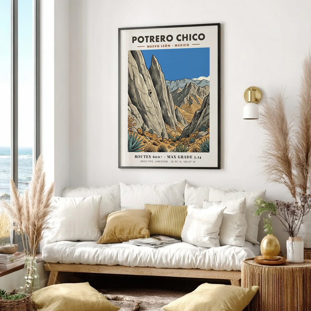 Poster of Potrero Chico in Mexico showing a rock climber on limestone cliffs.