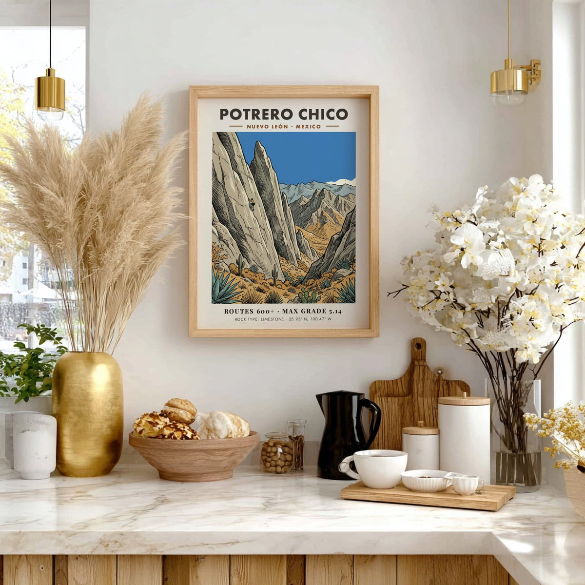 Poster of Potrero Chico in Mexico showing a rock climber on limestone cliffs.