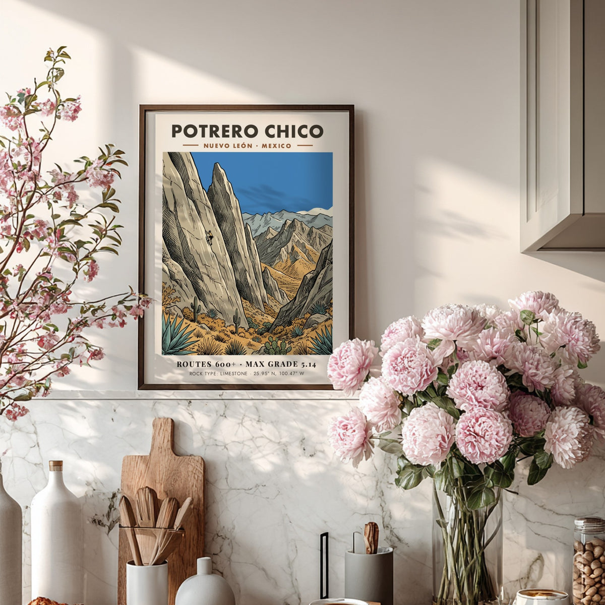 Poster of Potrero Chico in Mexico showing a rock climber on limestone cliffs.