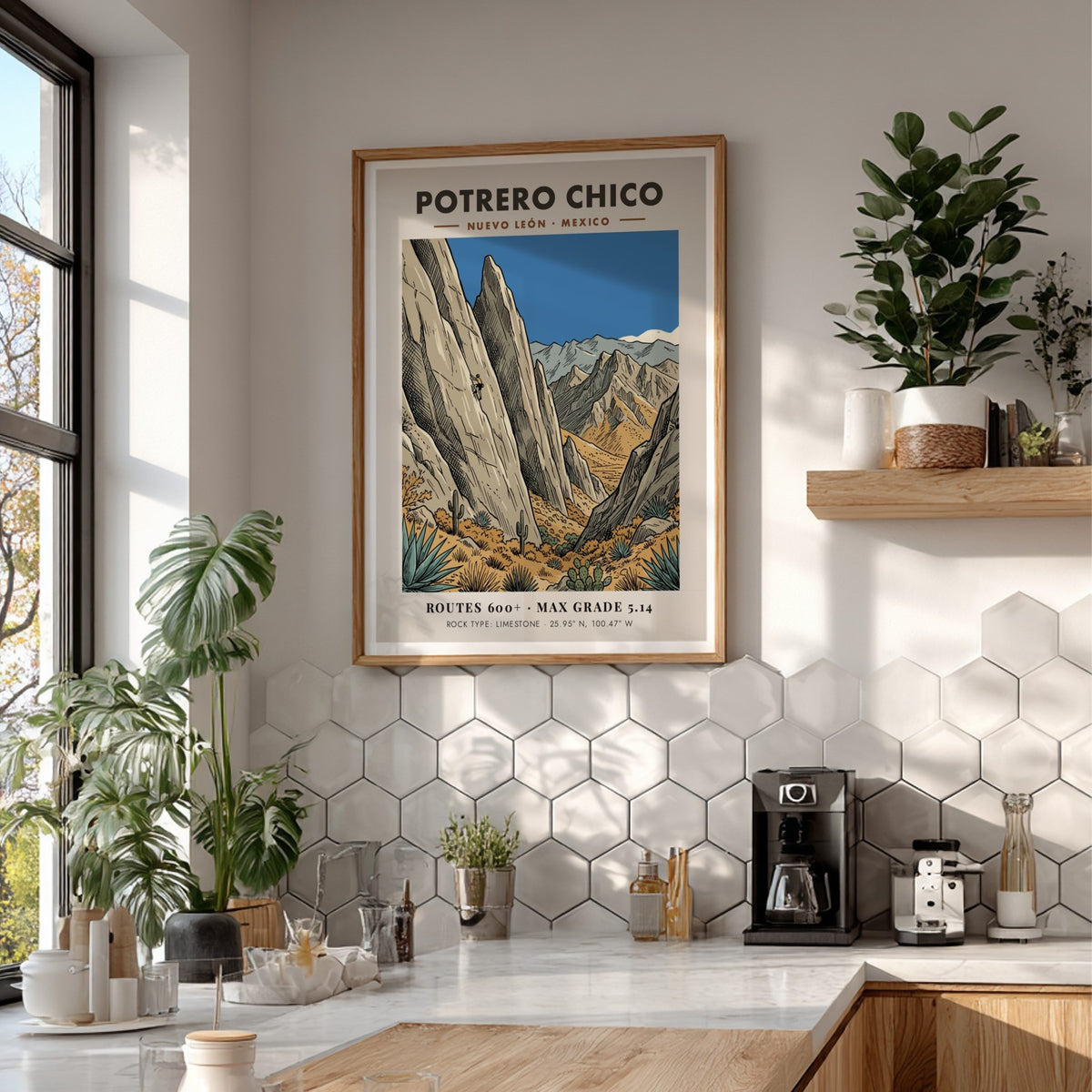 Poster of Potrero Chico in Mexico showing a rock climber on limestone cliffs.