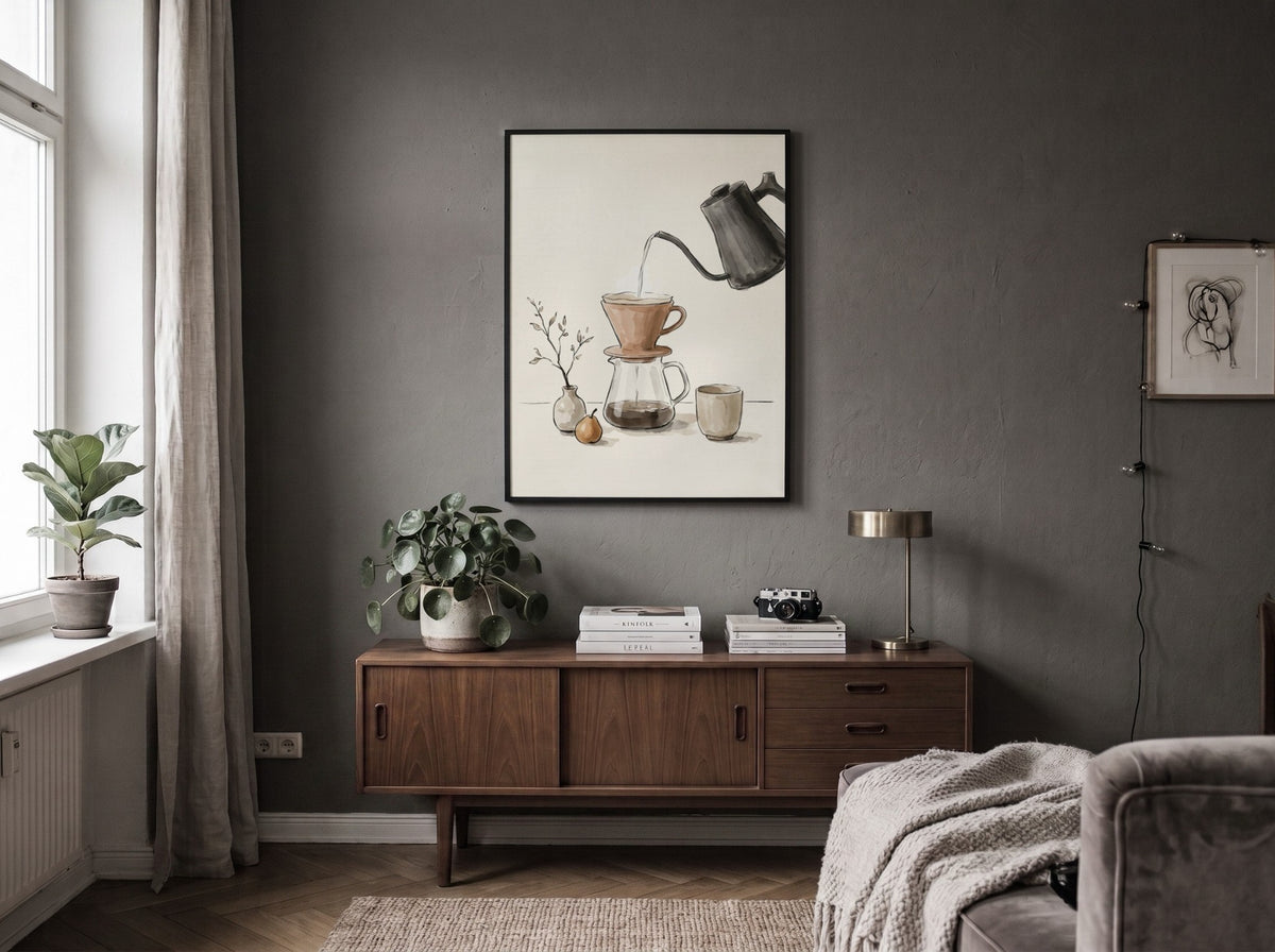 Pour over coffee ritual watercolour poster featuring a glass carafe and ceramic dripper