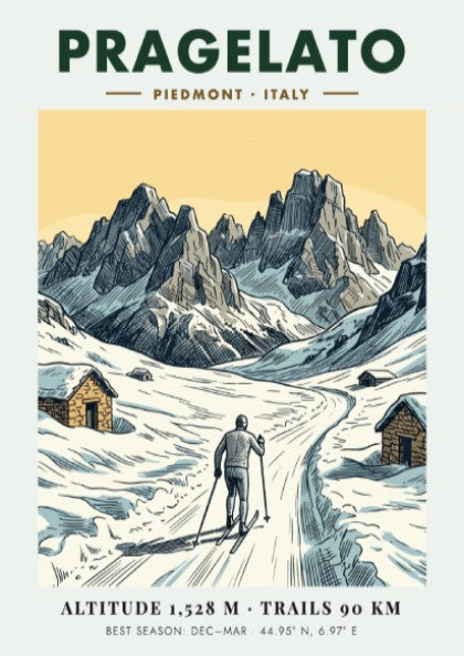 Poster of a cross country skier in the snowy mountains of Pragelato Italy