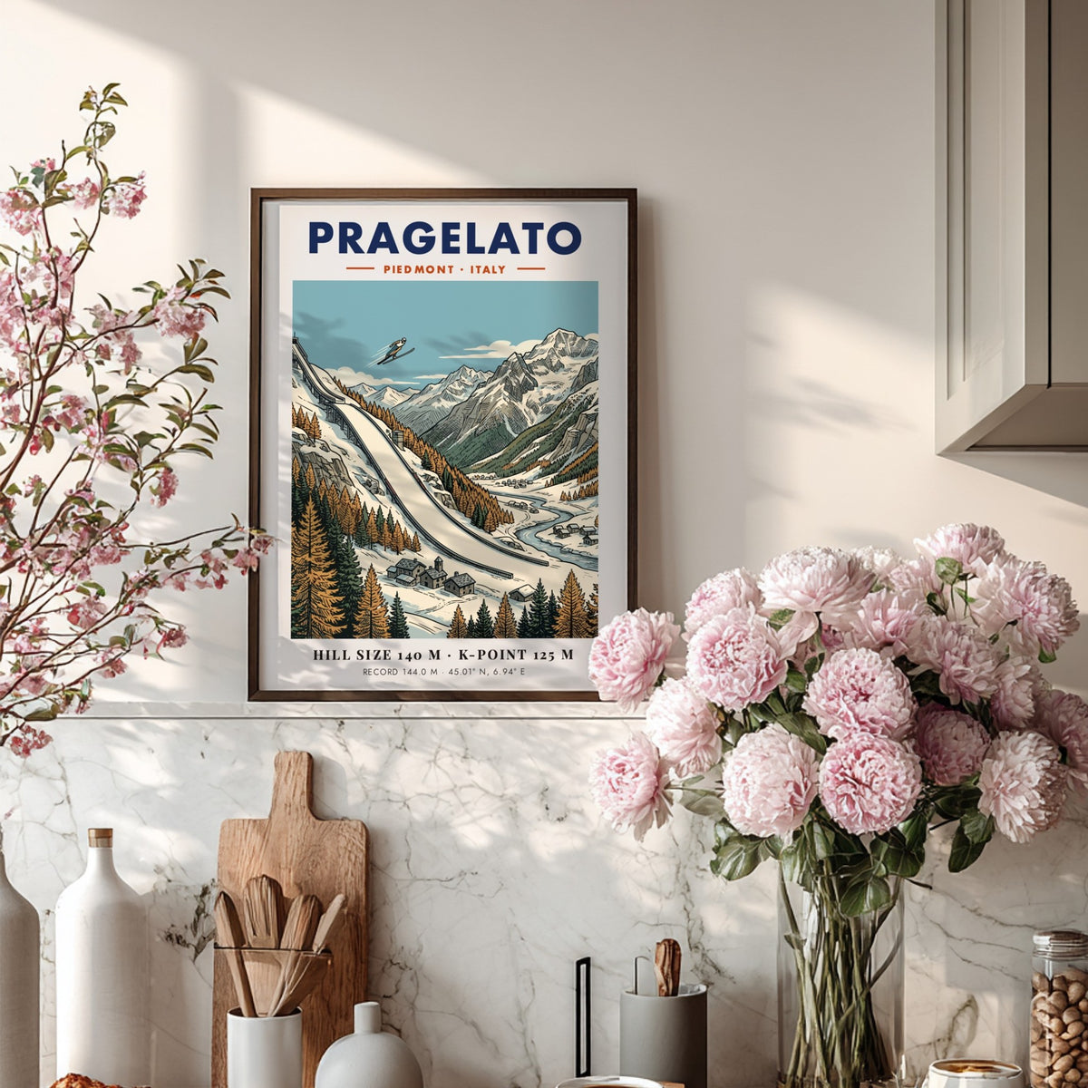 Poster of Pragelato ski jumping hill in the Italian Alps with winter mountain landscape.