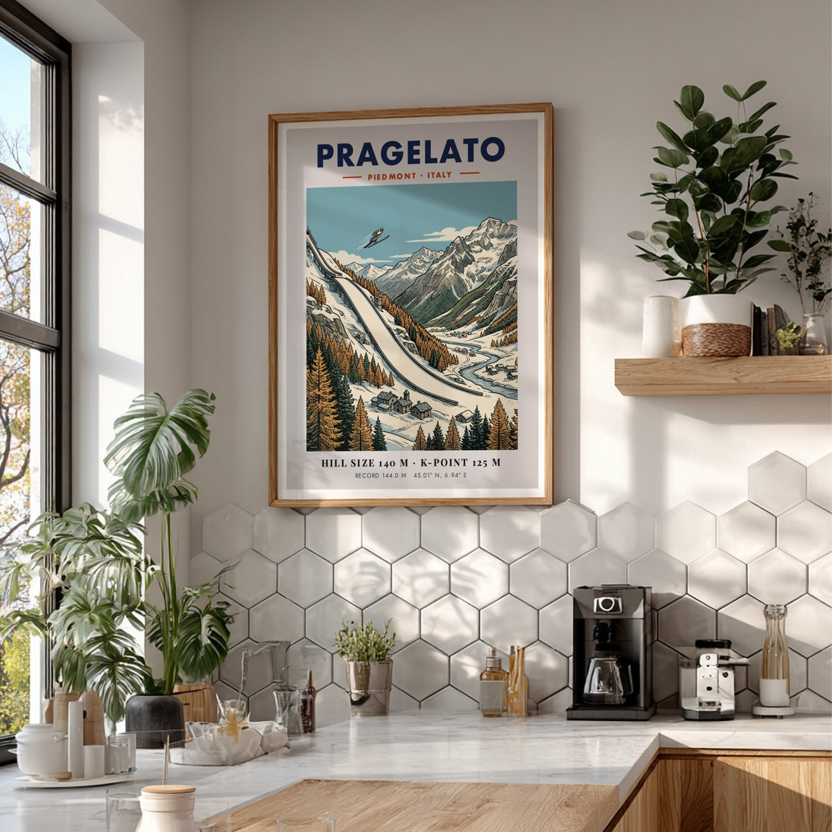 Poster of Pragelato ski jumping hill in the Italian Alps with winter mountain landscape.