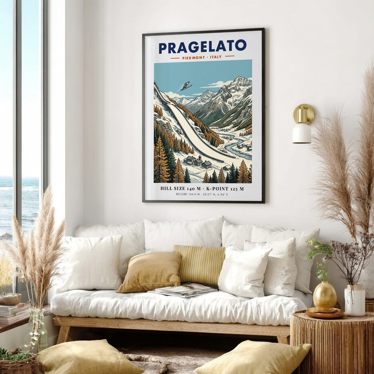 Poster of Pragelato ski jumping hill in the Italian Alps with winter mountain landscape.