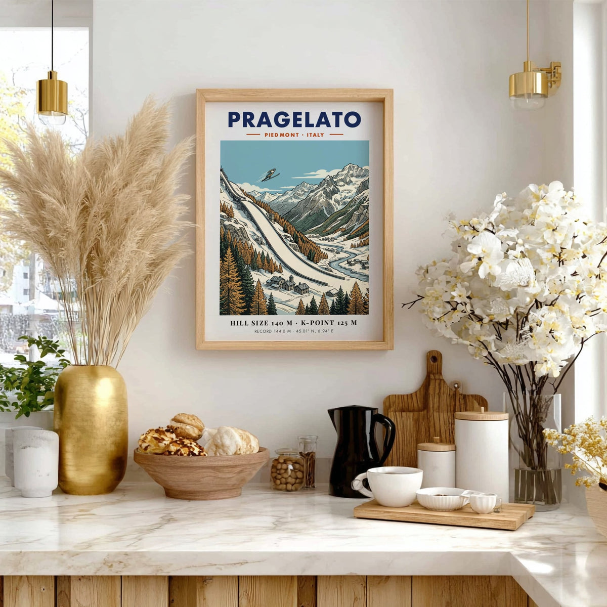 Poster of Pragelato ski jumping hill in the Italian Alps with winter mountain landscape.