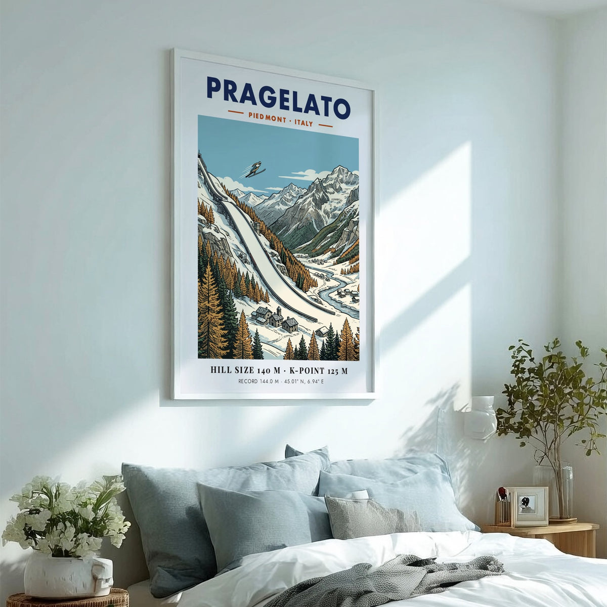 Poster of Pragelato ski jumping hill in the Italian Alps with winter mountain landscape.