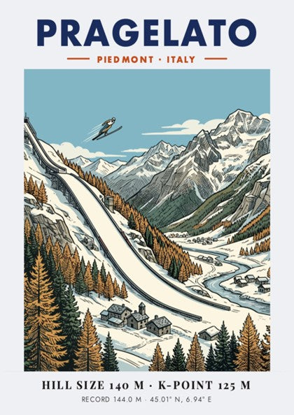 Poster of Pragelato ski jumping hill in the Italian Alps with winter mountain landscape.
