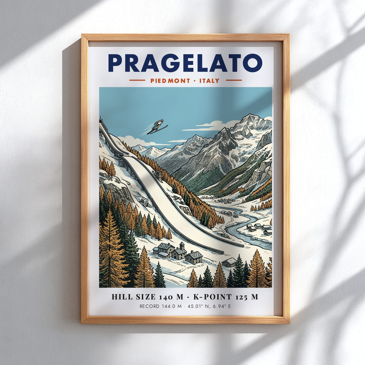 Poster of Pragelato ski jumping hill in the Italian Alps with winter mountain landscape.