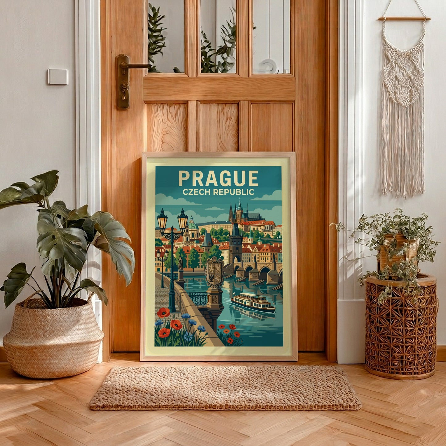 Stylized travel poster of Prague's Charles Bridge and cityscape in a vintage art style.
