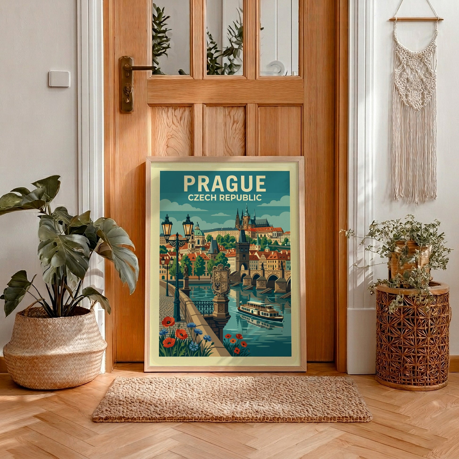 Stylized travel poster of Prague's Charles Bridge and cityscape in a vintage art style.